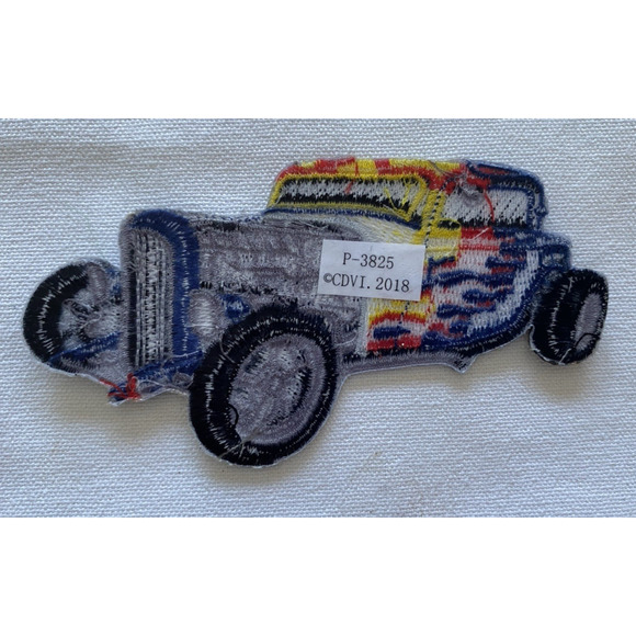 Blue Hot Rod With Flames Iron On Sew On Embroidered Patch 4 1/2 "X 2 1/4" - Picture 4 of 4